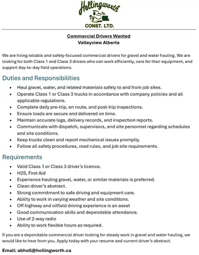 Commercial Drivers Wanted Valleyview Alberta We are hiring reliable and safety-focused commercial dr...
