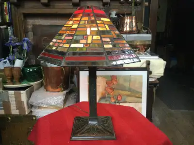 Arts & Crafts Table Lamp w Stained Glass Shade, c.1910, View more