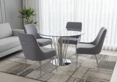 Round Glass Dining Table Set – Grey Chairs, View more