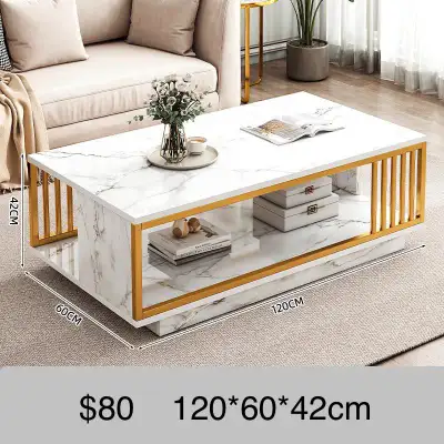 Modern White Marble Coffee Table, 2 Tier Large Coffee Table with Gold Frame Center TV Table Cocktail...