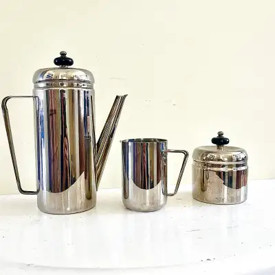 MCM Art Deco Christopher Dresser Style Silverplated Coffee Set, View more