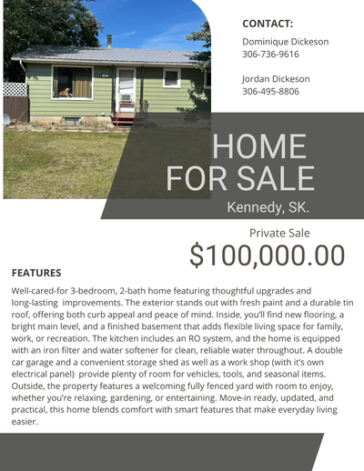 3 bedroom, 2 bath Home for Sale Kennedy, SK Located 15 mins from Kenosee Lake