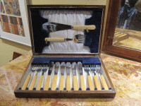 14 pc oak-boxed fish knives forks cutlery set 1930 art deco
