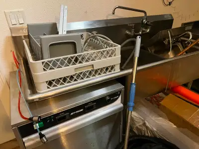 Commercial kitchen dish washer and sink, View more