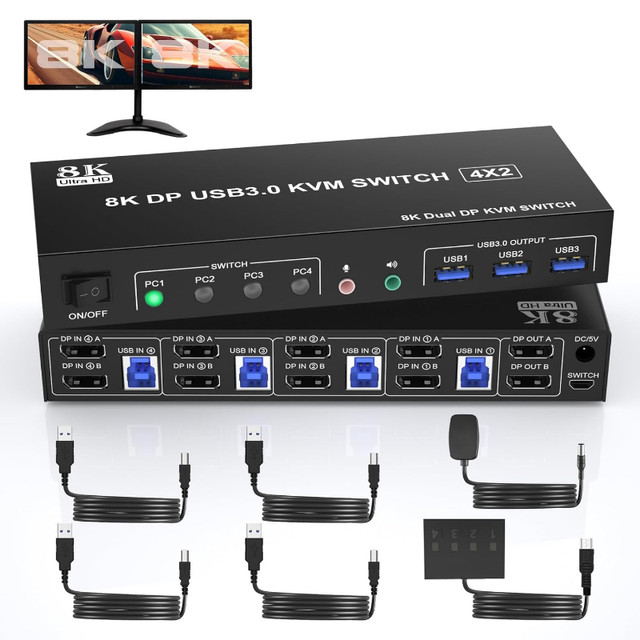 Dual Monitor 8K DisplayPort KVM Switch with USB 3.0 Ports in Cables & Connectors in Oshawa / Durham Region