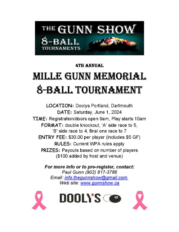4th "Annual" Mille Gunn Memorial Pool Tournament in Events in Dartmouth