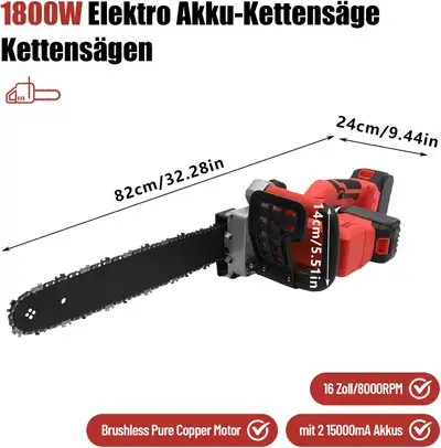 Powerful Cordless Brushless Chainsaw – 1800W, 2 Li-Batt, 16" – M, View more