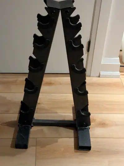 One dumbbell A-frame rack with space for 5 dumbbells On Amazon search up Cap-Barbell-Type-Dumbbell-R...