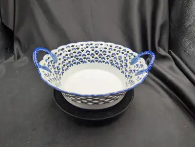 Vintage Reticulated Ceramic Bowl Blue and White Fruit Basket, View more