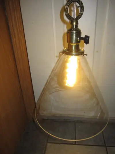 10" WIDE ANTIQUE CLEAR GLASS SHADE WITH BRASS FATBOY SOCKET, View more