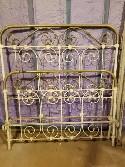 Very old iron/brass bed with mother of pearl inset. Including rails. Needs restoration. $200 obo