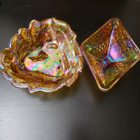 Vintage Marigold Carnival Glass Candy Dish Set