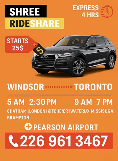Windsor to Brampton ride available 40$, View more