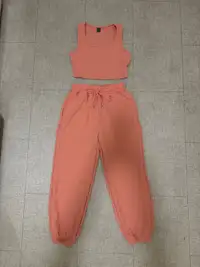 Coral orange solid crop tank top and joggers set size small
