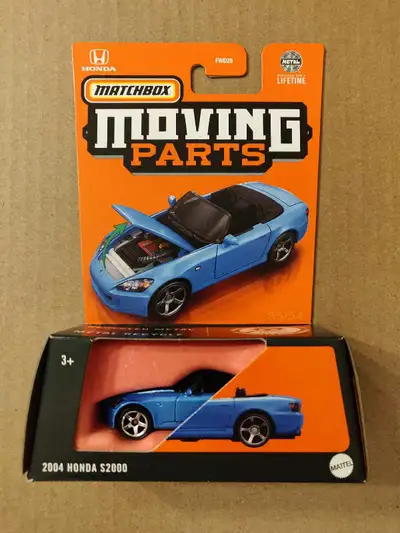 New Matchbox Moving Parts 2004 Honda S2000 convertible sports 1/64 diecast car with opening hood fea...