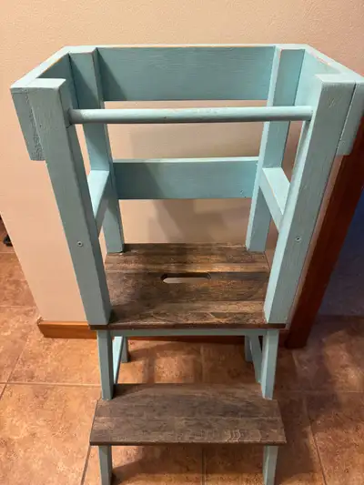 Handmade, hardwood toddler tower. Great for kitchen counters. Great condition, some wear on the turq...