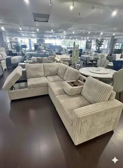 Beige Corduroy Sofa | Premium Look | Side Storage + Cups | Buy $, View more