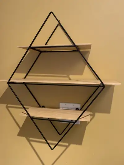 TRIANGLE METAL AND OAK DISPLAY SHELF, View more