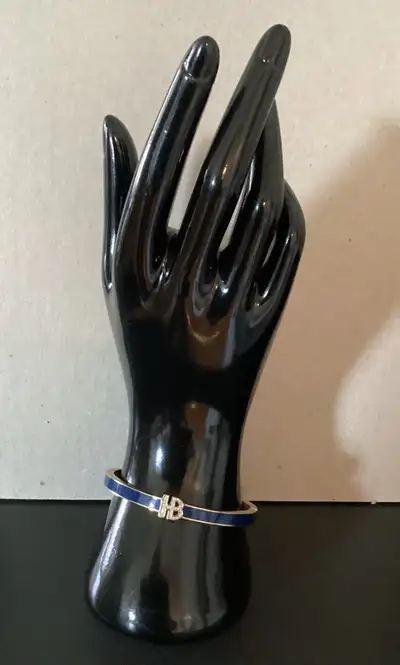 HENRI BENDEL Gold Tone Metal & Navy Enamel Lock Hinge Bracelet, View more