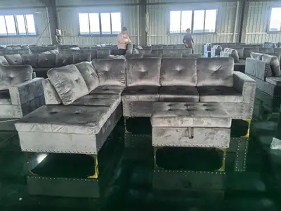 Grey Velvet Sectional Sofa with Storage Ottoman, View more
