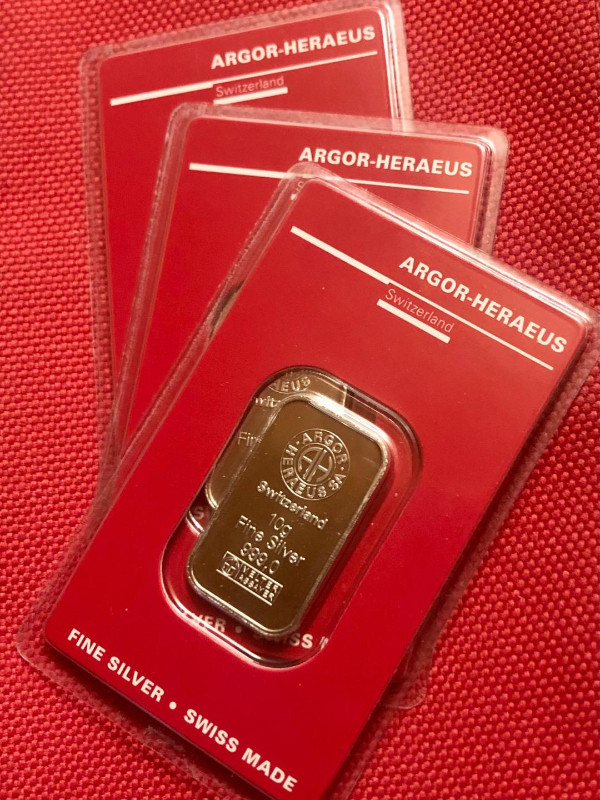 10 gram Argor-Heraeus (Switzerland) 999 Fine Silver Bars in Arts & Collectibles in Oshawa / Durham Region
