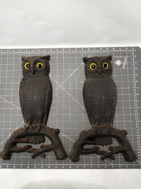 PAIR 1887 OWL ANDIRONS WITH GLASS EYES Cast iron Copyright 1887