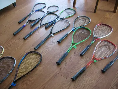 Tons of Squash Rackets, over 40 various brands. Includes Wilson, Prince, Head, Babolot, Dunlop, etc,...