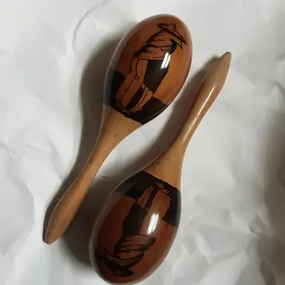 Vintage hand painted maracas, solid turned wood, adult size, View more
