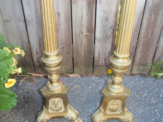 Antique Brass Church Pricket Tall Floor Candle Holder Pair in Arts & Collectibles in Barrie - Image 3