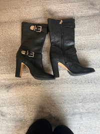 Leather buckle mid calf boot