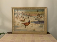 Vintage Blue Headed Pheasant Framed Painting  27” x 21”