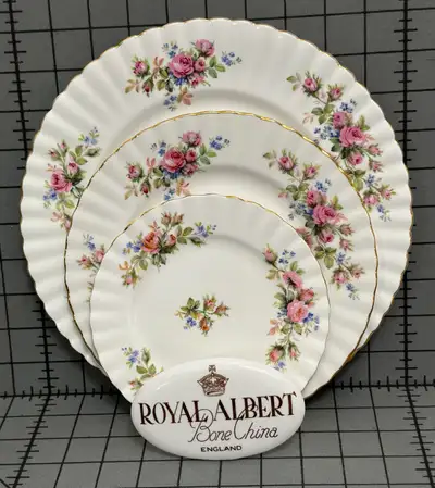 Moss Rose Royal Albert ( 1956-2001) Dinner, salad and bread plate. $49 for 3 plates. Available in qu...