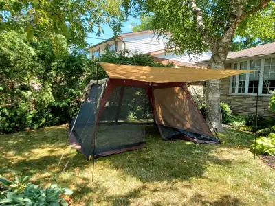 Woods Screenhouse/Kitchen Tent with 4 attached rollup awnings, View more