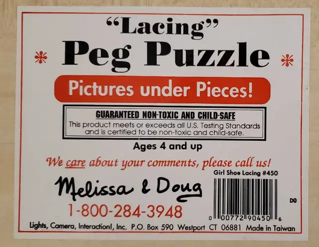Melissa & Doug Wooden Shoe Lacing Peg Puzzle in Toys & Games in Oshawa / Durham Region - Image 7