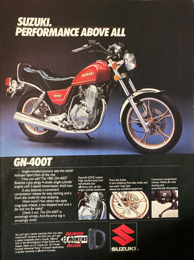 1982 Suzuki GN-400T Original Ad  in Arts & Collectibles in North Bay