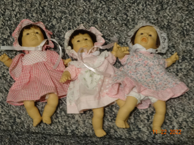 3  little 8 inch dolls, pellet filled body,  all orig dress, hat in Toys & Games in Kelowna
