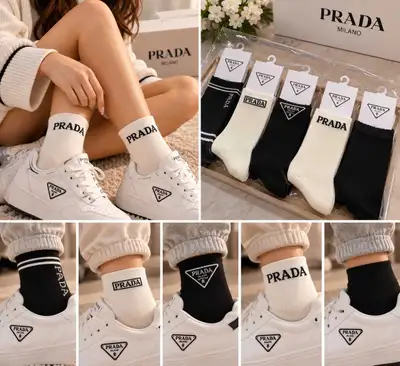 5 Pairs Designer Style Crew Socks – Black & Cream – , View more