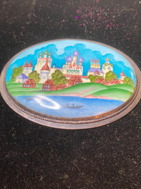 Antique RUSSIAN ENAMEL On Metal MEDALION CHURCHES On The River.