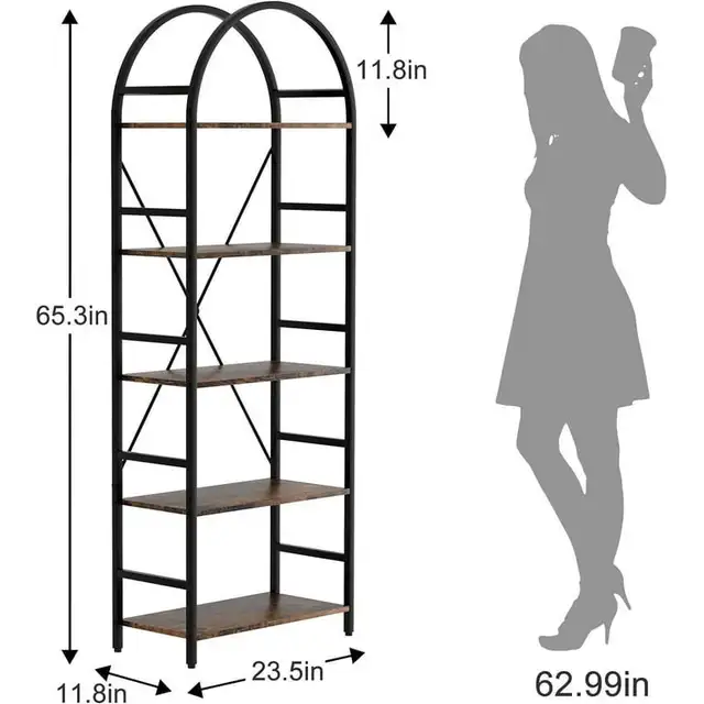5-Tier Arched Bookcase, Wood Rustic Brown, 23.5x11.8x65.3 in in Bookcases & Shelving Units in Markham / York Region - Image 8