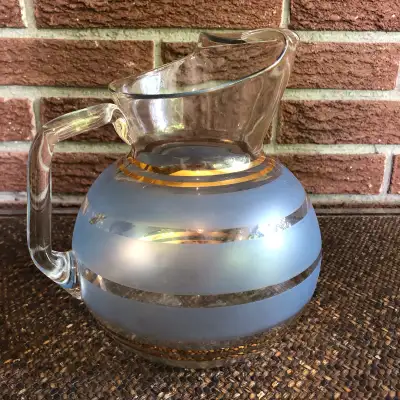 MCM glass pitcher, rare frosted blue & gold bands, square handle, View more