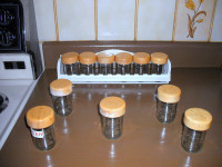 Wood Spice Rack 15”, 6+5 glass jars, wood tops, air tight lids