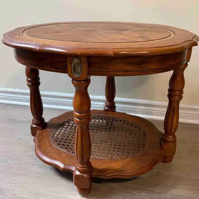 Vintage Oval Accent Wooden Table - Cane Shelf & Brass Medallio, View more