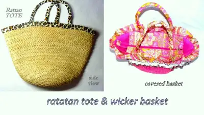 #1 Rattan Tote $15, #2 cloth covered Basket $20, both like new, View more