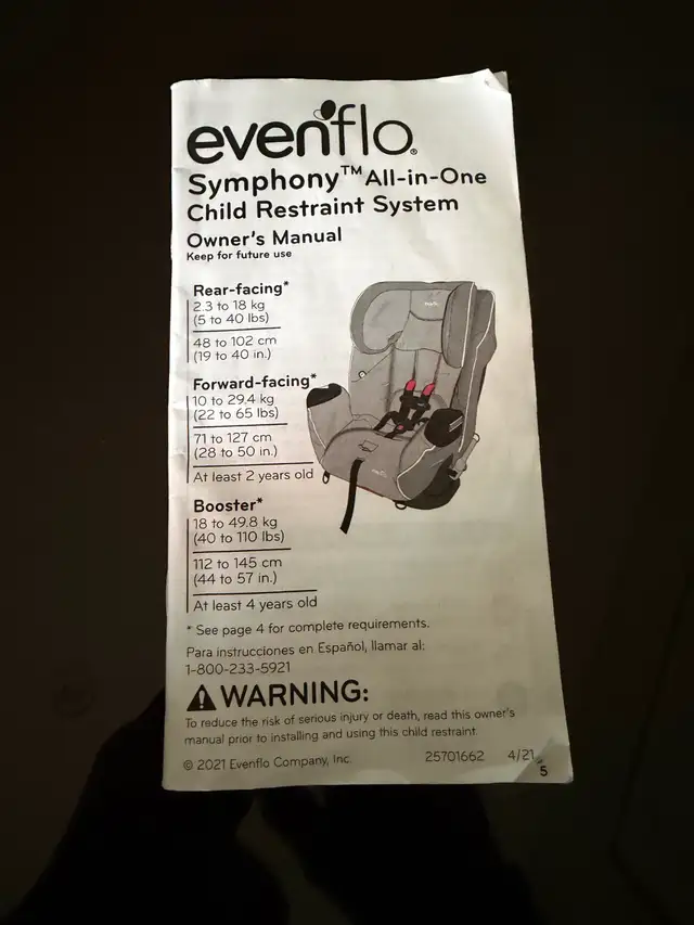 EVENFLO Symphony All in One Child Restraint System in Strollers, Carriers & Car Seats in Edmonton - Image 4