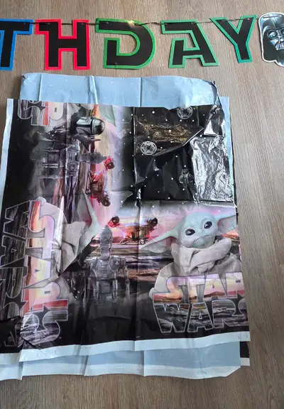 Star Wars / Baby Yoda Birthday decorations, including: - 2 birthday banners (like new) - 1 table clo...