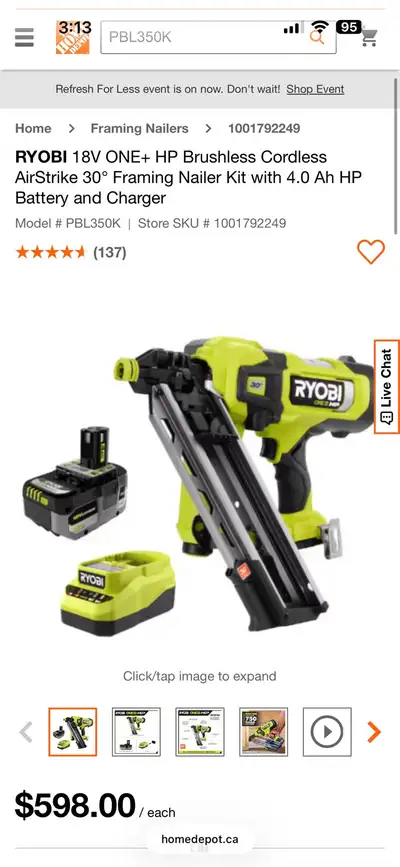 Ryobi  Framing Nailer battery charger , View more