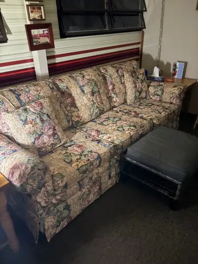 couch, floral design three cushions, View more
