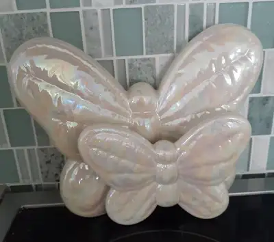 Duo of iridescent ceramic butterfly wall or table decor, View more