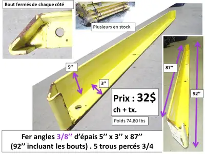 Fer angle 3/8'' d'épais x 5''x3''x87''(92'' avec les bouts), View more