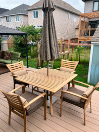 Patio Set Sits 4 with Umbrella and cushions like new